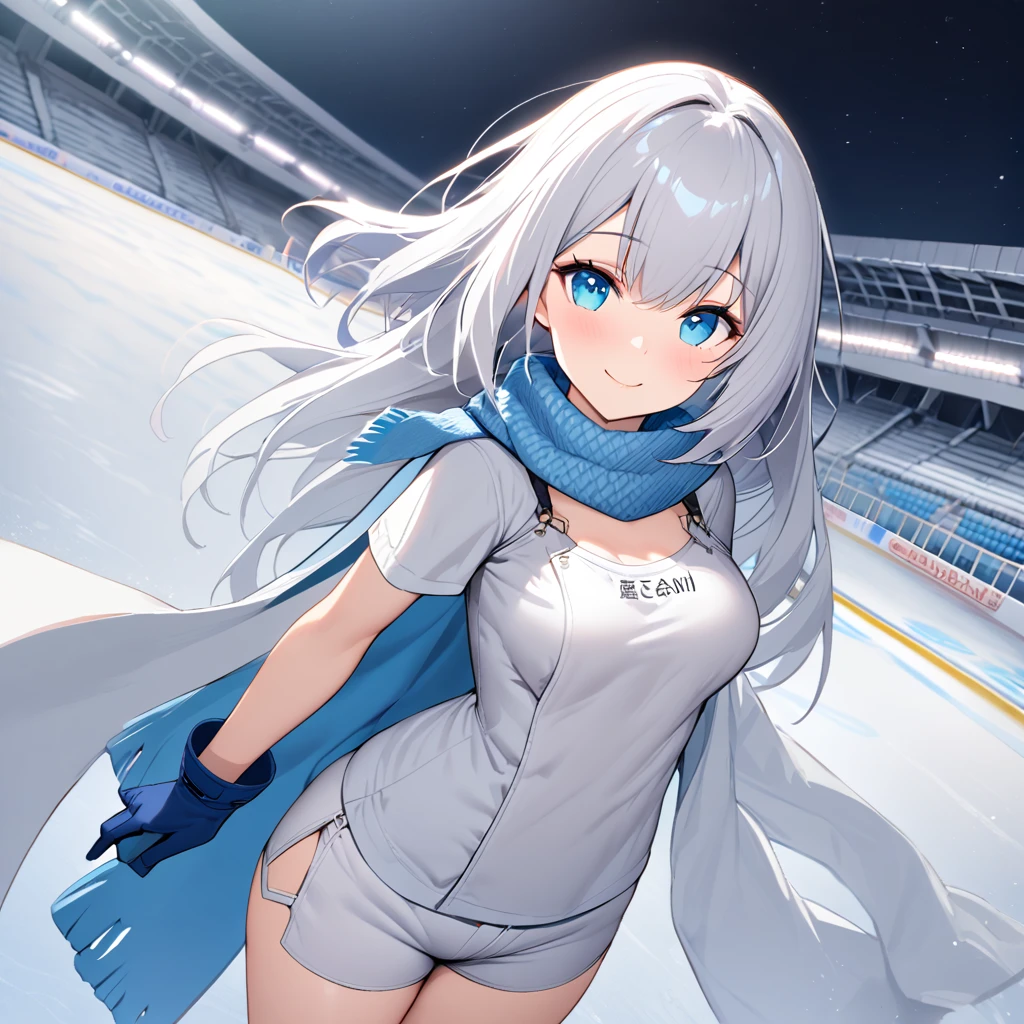 A woman wearing tight white shorts, wearing ice skates, wearing a blue cold shirt, kanji writer on the shirt, cold scarf over her white neck, blue gloves, on the ice rink, ice stadium, standing, smiling, breasts big, white hair, long hair, ice blue eyes,perfect face, perfect eyes, close view, Azur_lane, IJN_Shoukaku, location at night, with perfect lighting, (solo woman)

