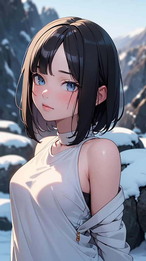 Full body image，(masterpiece:1.3), (8k, Realistic, RAW Photos, Highest quality: 1.4), (1 anime girl), Beautiful Face, (Realistic Face), (Black Hair, short hair:1.3), Beautiful hairstyle, Realistic eyes, Beautiful attention to detail, (Realistic Skin), Beautiful Skin, (sweater), absurdes, Charm, Ultra-high resolution, ultra-realistic, Very detailed, Golden Ratio，{{The Yuki-onna finds a dead girl in skiwear stranded on a snowy mountain, and peels off the face from the dead girl, transplants it, and takes her place.}}，NSFW