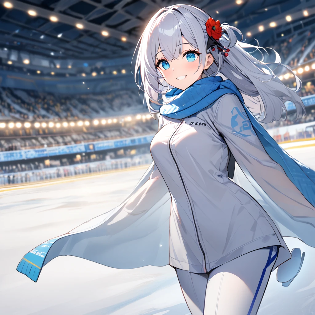 A woman wearing tight white pants, wearing ice skates, wearing a blue cold shirt, kanji writer on the shirt, cold scarf over her white neck, blue gloves, on the ice rink, ice stadium, standing, smiling, breasts big, white hair, long hair, ice blue eyes, close view, Azur_lane, IJN_Shoukaku, location at night, with perfect lighting, (solo woman)red flower in hair, doing ice skate trick


