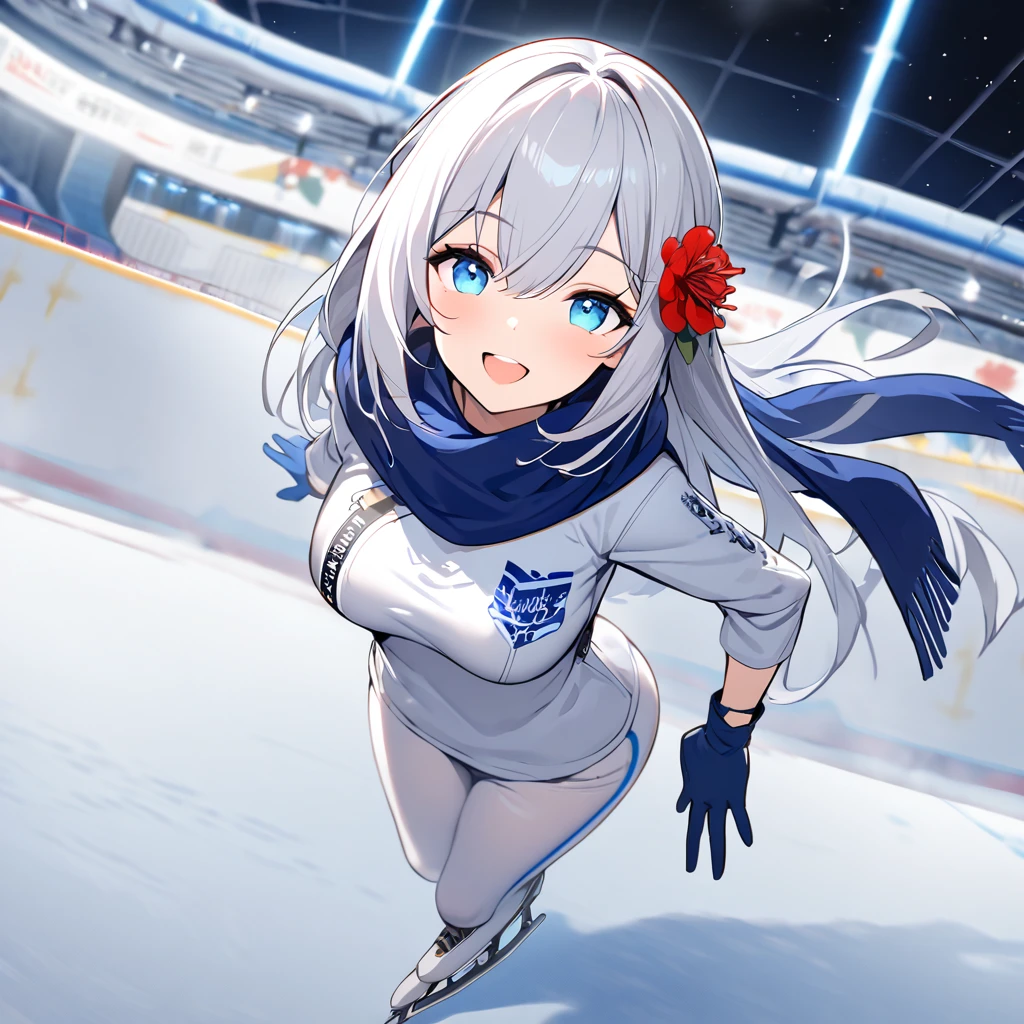 A woman wearing tight white pants, wearing ice skates, wearing a blue cold shirt, kanji writer on the shirt, cold scarf over her white neck, blue gloves, on the ice rink, ice stadium, standing, smiling, breasts big, white hair, long hair, ice blue eyes, close view, Azur_lane, IJN_Shoukaku, location at night, with perfect lighting, (solo woman)red flower in hair, doing ice skate trick


