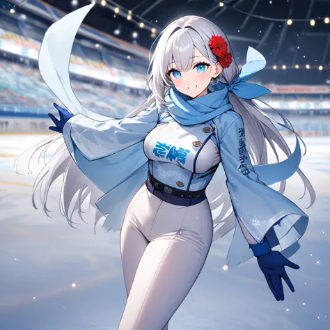 a woman wearing tight white pants, wearing ice skates, wearing a blue cold shirt, kanji writer on the shirt, cold scarf over her...