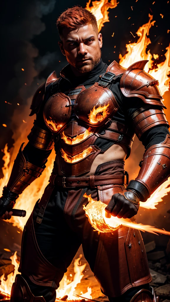 A strong, muscular man with short, fiery orange undercut hair and freckles, dressed in an intricate, heat-resistant red and black armor that gleams with a molten, fiery finish. His armor is adorned with flame motifs and embers that seem to glow and flicker with every movement. His underarms are smooth and well-groomed, showcasing his impeccably shaved skin. In battle, he wields fire magic, with flames engulfing the entire scene, creating a dramatic and intense atmosphere. He commands the fire with powerful, sweeping gestures, his eyes glowing with a fierce, fiery intensity that showcases his mastery of the element. The background is ablaze with vibrant flames, enhancin the sense of power and heat. The image is rendered in a photorealistic, hyper-realistic 8k style, with studio lighting. His combat pose is dynamic and aggressive, making the image powerful and cinematic, with intense colors, vibrant HDR, and dramatic chiaroscuro lighting that highlights the fiery energy and motion of the flames.