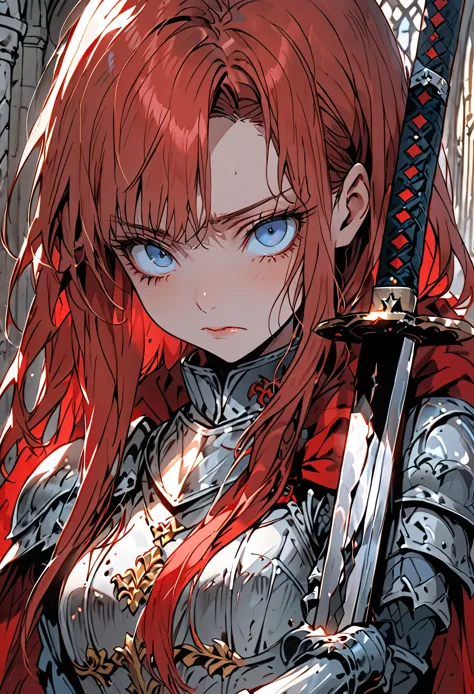 solo female knight, mansion, cape, long straight red hair, short, , , nervous, blue eyes, close up, princess, worn armor, sheath...