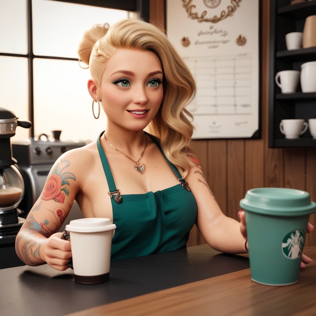 fDate in a Coffee (2026):
Context: Cozy corner.
model: Barista with tattooed arms.
Elements: coffee machine, Cups.
Expression: Kindness and passion for coffee.
