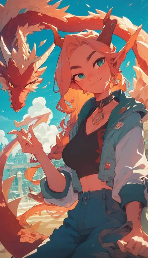 best quality, super detailed illustration, warm colors, perfect lighting, perfect detail ,cute half dragon girl