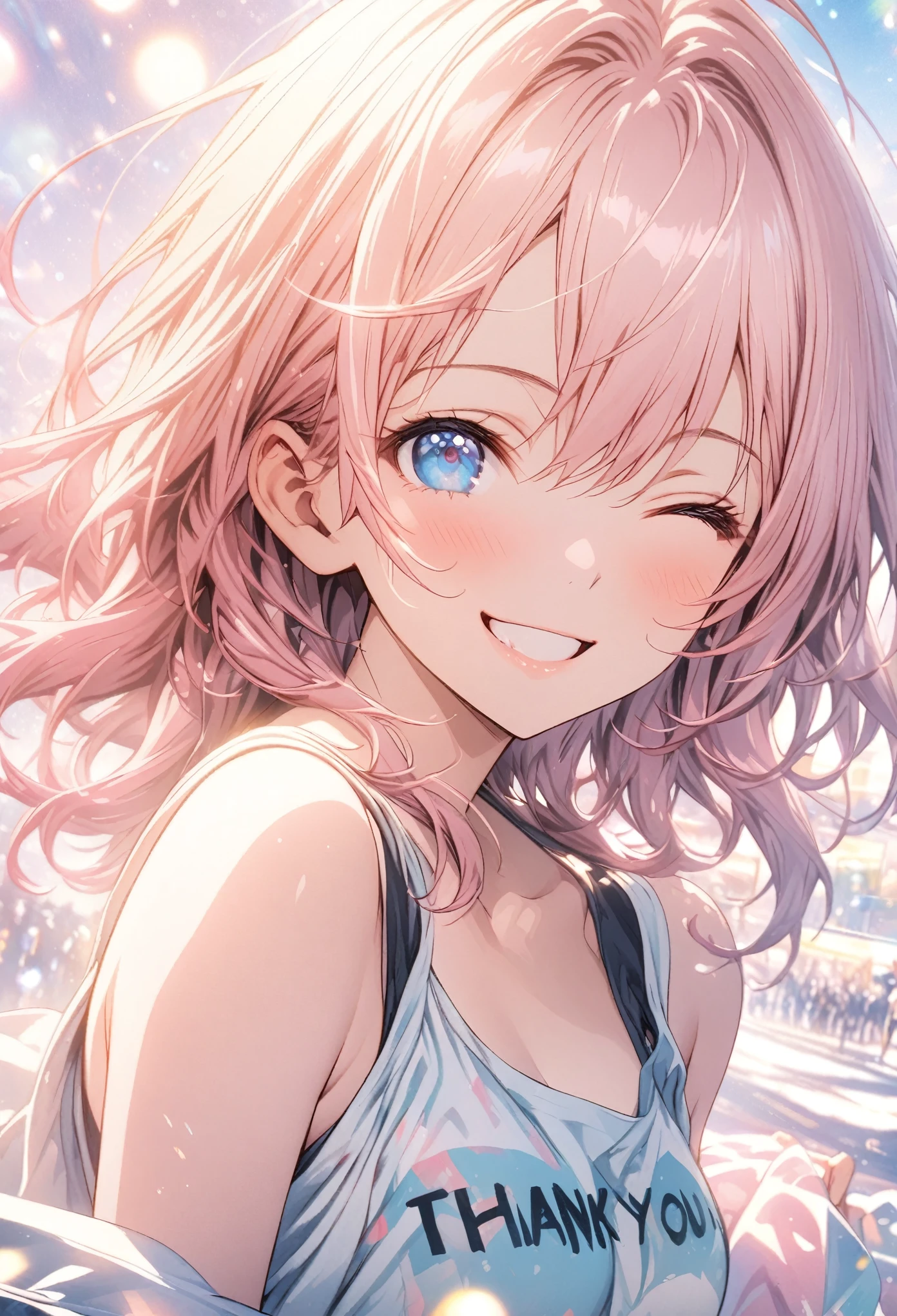 masterpiece, Highest quality, Highly detailed CG Unity 8k wallpaper, High School Girl Anime Illustration. Wear an oversized tank top、she holds a sign that says, "Thank you for everything," in black text, she has her eyes closed and mouth open, smile. The background is a light pastel colored landscape., Pink hair color, blue eyes, Bokeh, (Soft Focus):1.2, Out of focus highlights, Dreamy atmosphere, Glowing circle, Fascinating Depth, The background is also realistic