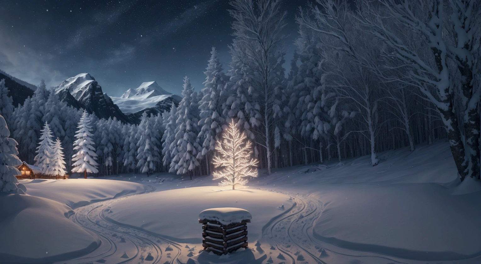 (best quality,4k,8k,highres,masterpiece:1.2),snowy landscape,beautiful winter scenery,snow-covered trees and mountains,serene atmosphere,cold and crisp air,Freshly fallen snow,sparkling white landscape,icy branches,quiet and peaceful,powdery snow,soft and fluffy snowflakes,subtle shades of blue and white,gentle snowfall,magical winter wonderland,tranquil and untouched,crystal-clear skies,feeling of stillness and serenity,calm and serene,blanket of snow,still and serene,delicate and intricate snowflakes,dazzling sunlight reflecting off the snow,harmony between nature and winter,icy and pristine scene,frosty and enchanting,whisper of the wind,cold and pure winter,crunching footsteps on the snow,twinkling stars in the night sky,snowflakes gently falling on eyelashes,peaceful and ethereal winter scene,frozen lake with children ice-skating,cozy log cabin in the woods with smoke coming out of the chimney,footprints in the snow leading into the distance,