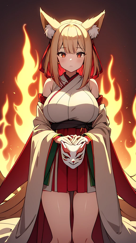 {{A fox spirit that preys on humans and takes their place}}，One girl,alone, Big Breasts, Official Art, unity 8k wallpaper, Super detailed, beautiful and aesthetic, beautiful, masterpiece, Highest quality,, Fox Witch, Fox Mask Template, Haori, Foxfire Spells, Fox familiar, conversion, NSFW