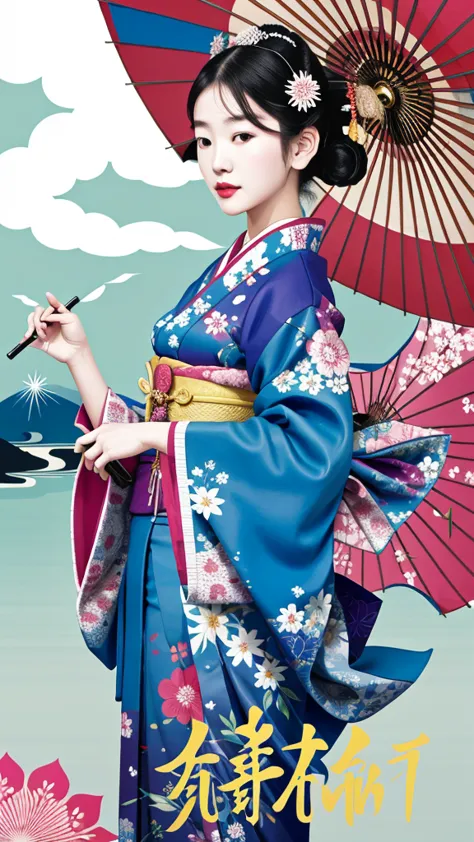 “a girl from the taisho era holding a traditional japanese umbrella (bangasa), illustrated in the style of yusuke nakamura. she ...