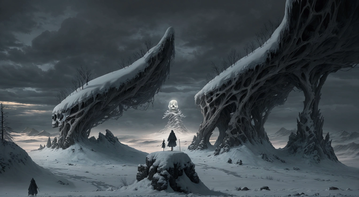 In a desolate, snow-covered landscape under an overcast sky, a solitary figure trudges through the wilderness. The person is bundled up in warm clothing and carries a staff, suggesting they might be on a journey or quest. Their path is illuminated by a ghostly figure of a skeleton that looms behind them, casting an ominous shadow over their travels. The skeleton's presence adds a sense of foreboding to the scene, hinting at potential danger ahead. Despite this, the person continues forward with determination, their destination unknown but their resolve unwavering