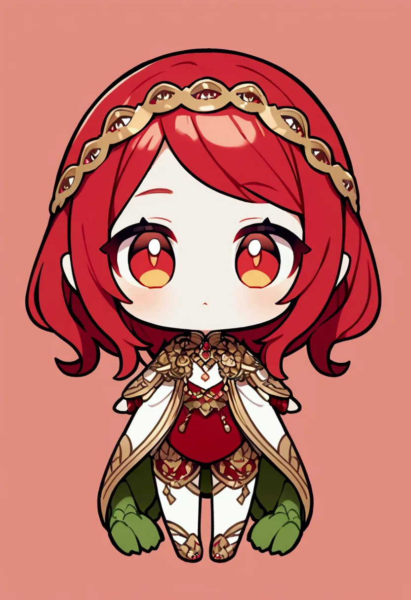 Chibi character. 1 long red haired gator. Red and gold eyes. Super cute, full body ((blank background)). 