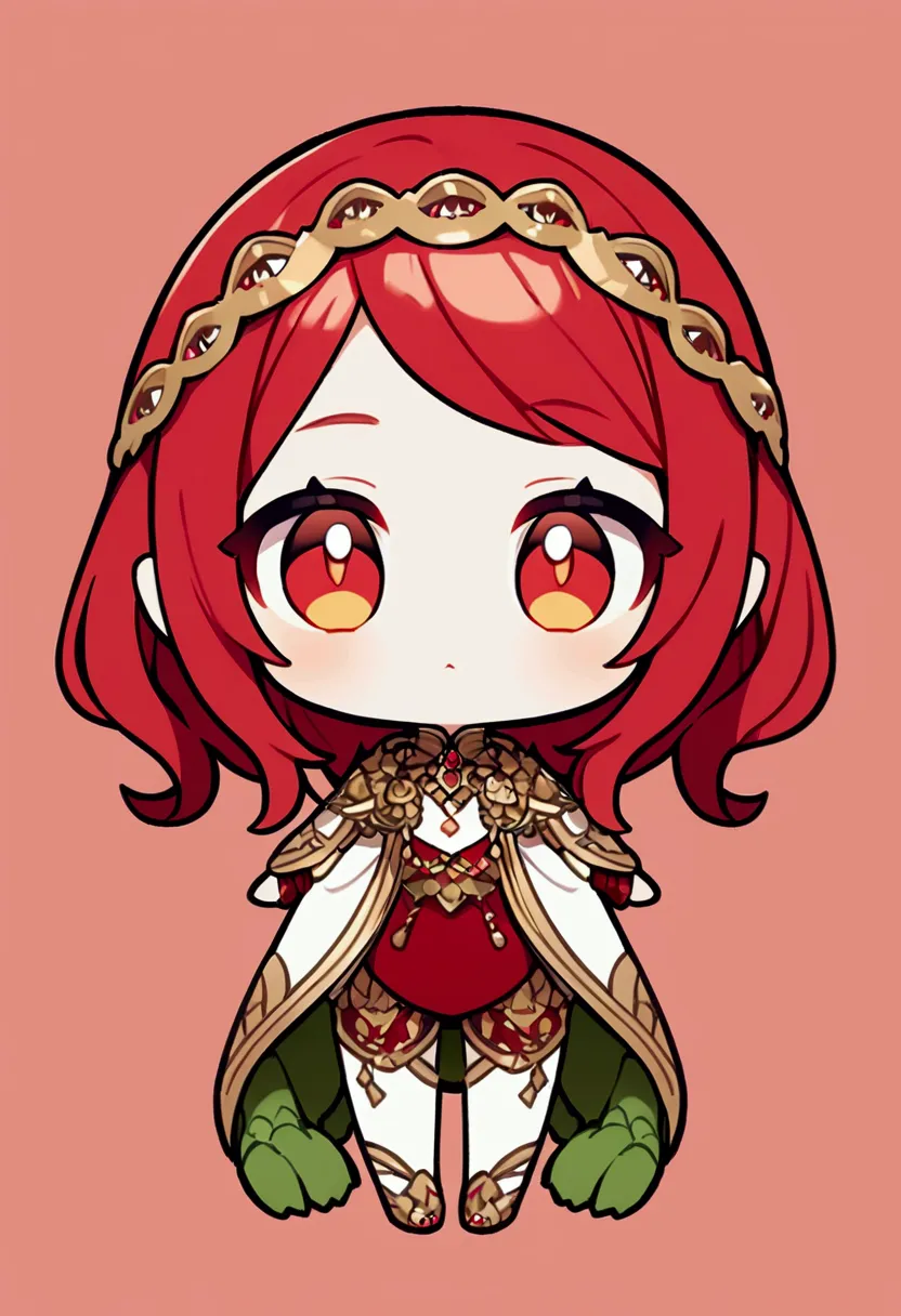 chibi character. 1 long red haired gator. red and gold eyes. super cute, full body ((blank background)).