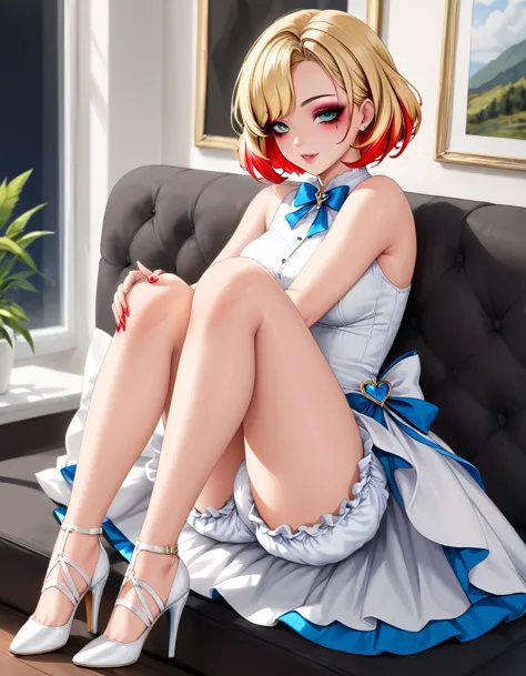 1girl, sleeveless, bloomers, short hair, two-tone hair, red hair, blonde, high heels, beautiful makeup