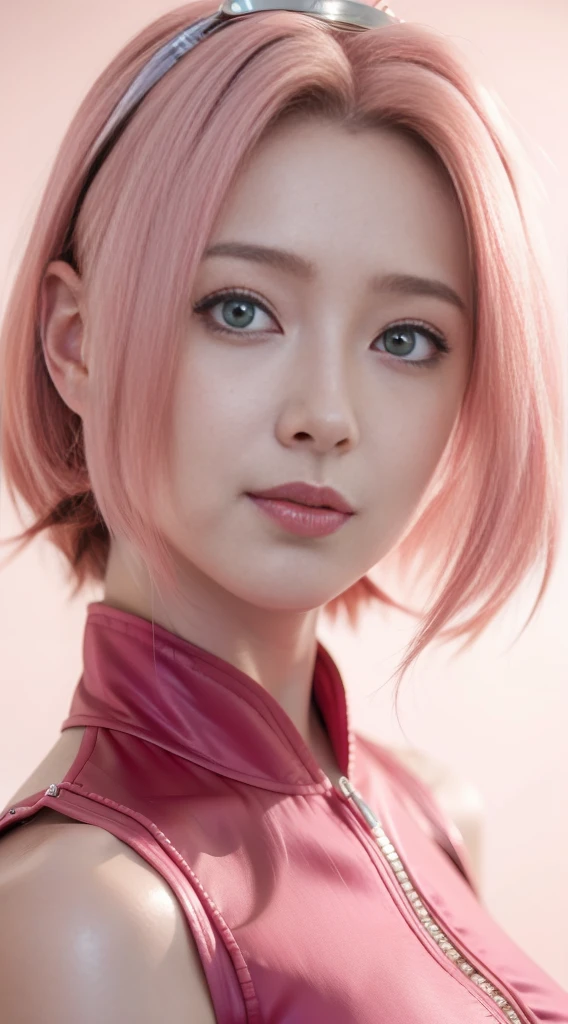 (obra de arte), (melhor qualidade), Resolução 8K, 1 garota, Haruno Sakura ,in anime (Naruto) , realista ,Fotos altas HDR ,garota linda, Beleza estonteante, mulher madura, 30 anos, corpo perfeito, camisola, corrente de cintura de barriga, sorriso, interior, Cabelo curto rosa