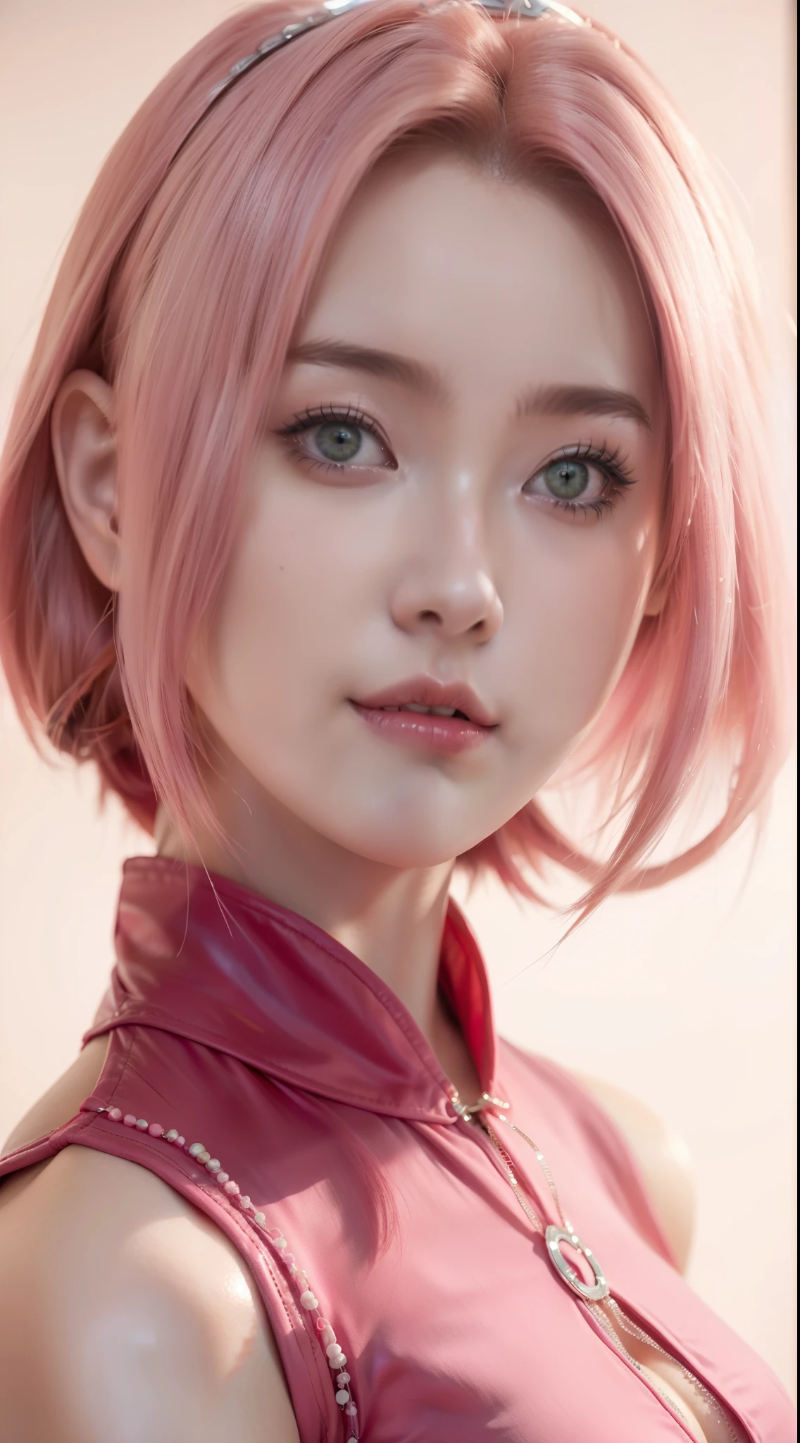 (obra de arte), (melhor qualidade), Resolução 8K, 1 garota, Haruno Sakura ,in anime (Naruto) , realista ,Fotos altas HDR ,garota linda, Beleza estonteante, mulher madura, 30 anos, corpo perfeito, camisola, corrente de cintura de barriga, sorriso, interior, Cabelo curto rosa