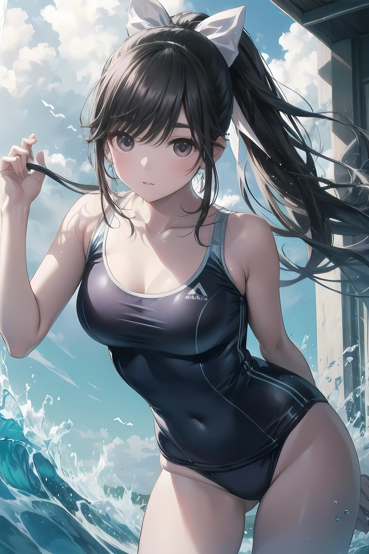 high quality、最high quality、Complete limbs、Ultra-high resolution、Sparkling eyes、Full Finger、Slender beauty、take a look at the manaka, ponytail, hair bow,, Wear a school swimsuit、Glowing Skin、Bat angle