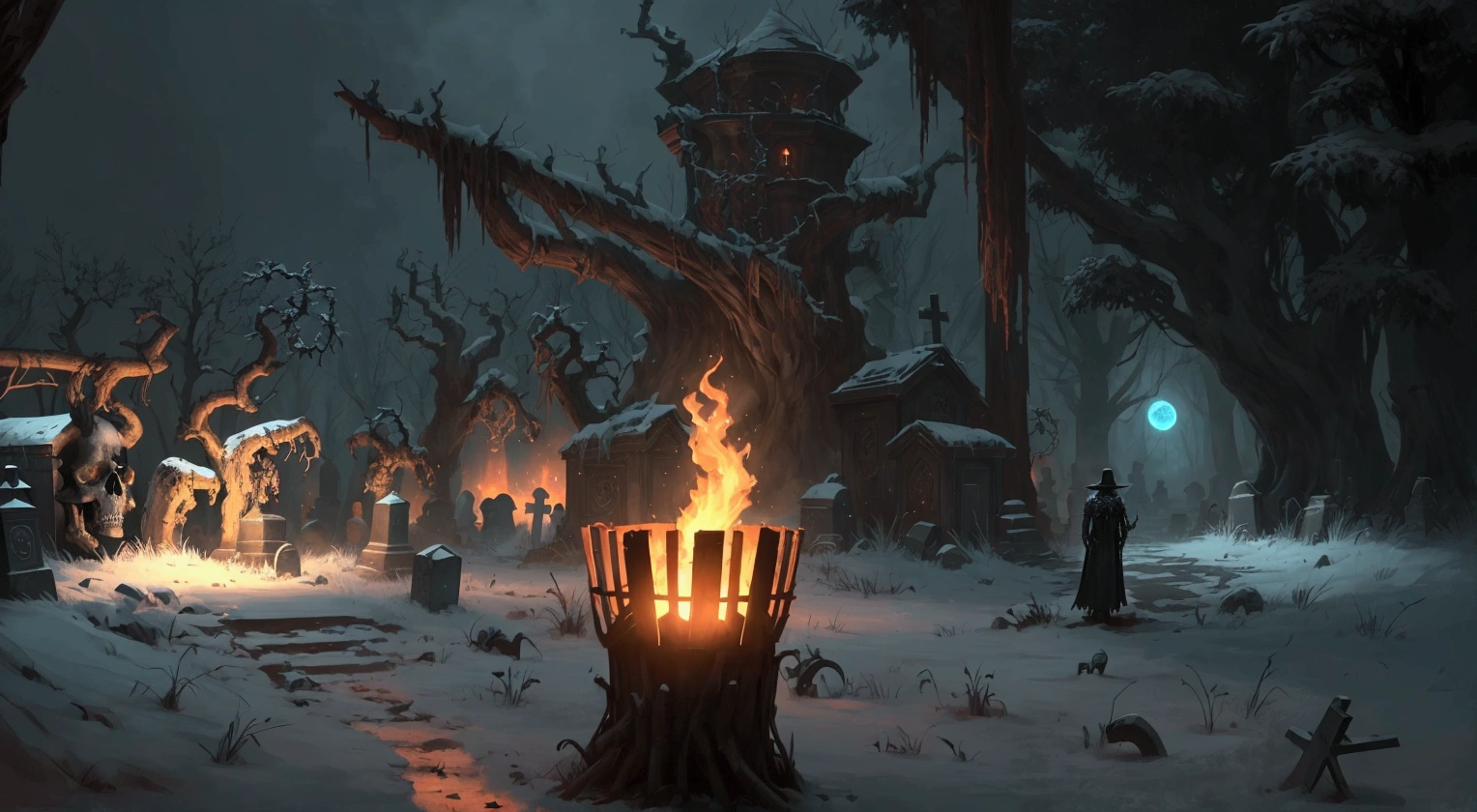 an animated scene of a graveyard with a skeleton standing in the middle of the woods, eerie and grim art style, dark graveyard scene, eerie art style, graveyard background, concept art scene, game concept art, winter concept art, game design concept art, concept art”, concept art ”, horror concept art, grim atmosphere, odin's stone arena background, creepy atmosphere, animation concept art, 2 d cg, concept art!, grim, cosmic horror concept art, background artwork