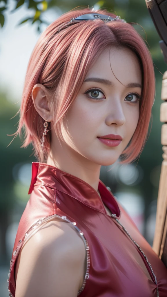 (obra de arte), (melhor qualidade), Resolução 8K, 1 garota, Haruno Sakura ,in anime (Naruto) , realista ,Fotos altas HDR ,garota linda, Beleza estonteante, mulher madura, 30 anos, corpo perfeito, camisola, corrente de cintura de barriga, sorriso, interior, Cabelo curto rosa