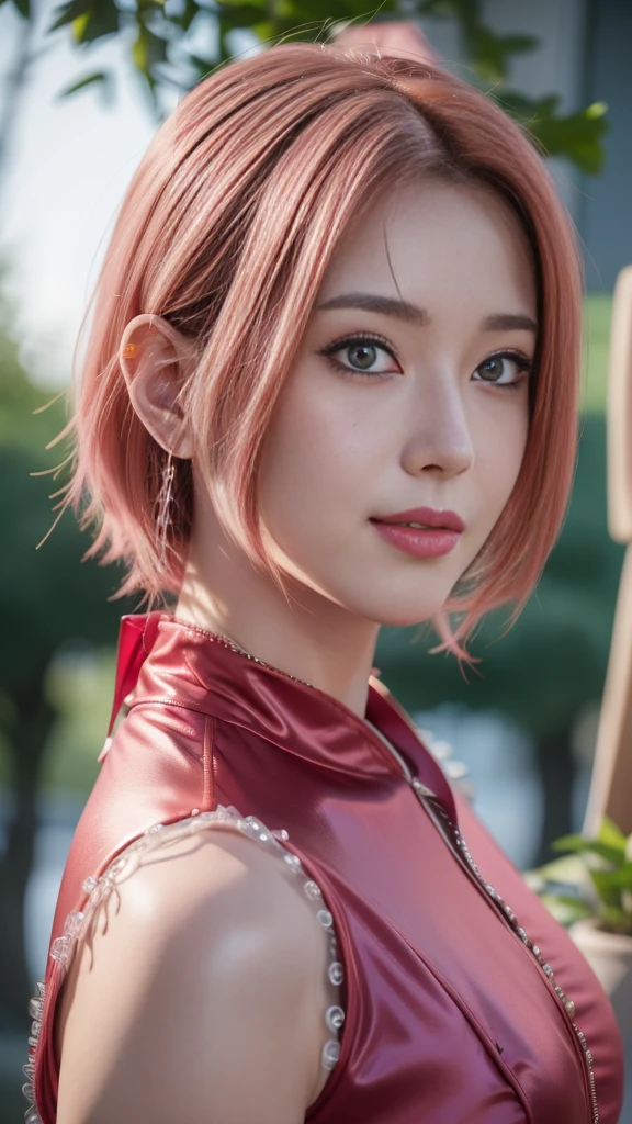 (obra de arte), (melhor qualidade), Resolução 8K, 1 garota, Haruno Sakura ,in anime (Naruto) , realista ,Fotos altas HDR ,garota linda, Beleza estonteante, mulher madura, 30 anos, corpo perfeito, camisola, corrente de cintura de barriga, sorriso, interior, Cabelo curto rosa