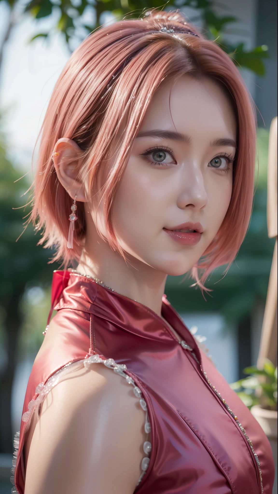 (obra de arte), (melhor qualidade), Resolução 8K, 1 garota, Haruno Sakura ,in anime (Naruto) , realista ,Fotos altas HDR ,garota linda, Beleza estonteante, mulher madura, 30 anos, corpo perfeito, camisola, corrente de cintura de barriga, sorriso, interior, Cabelo curto rosa