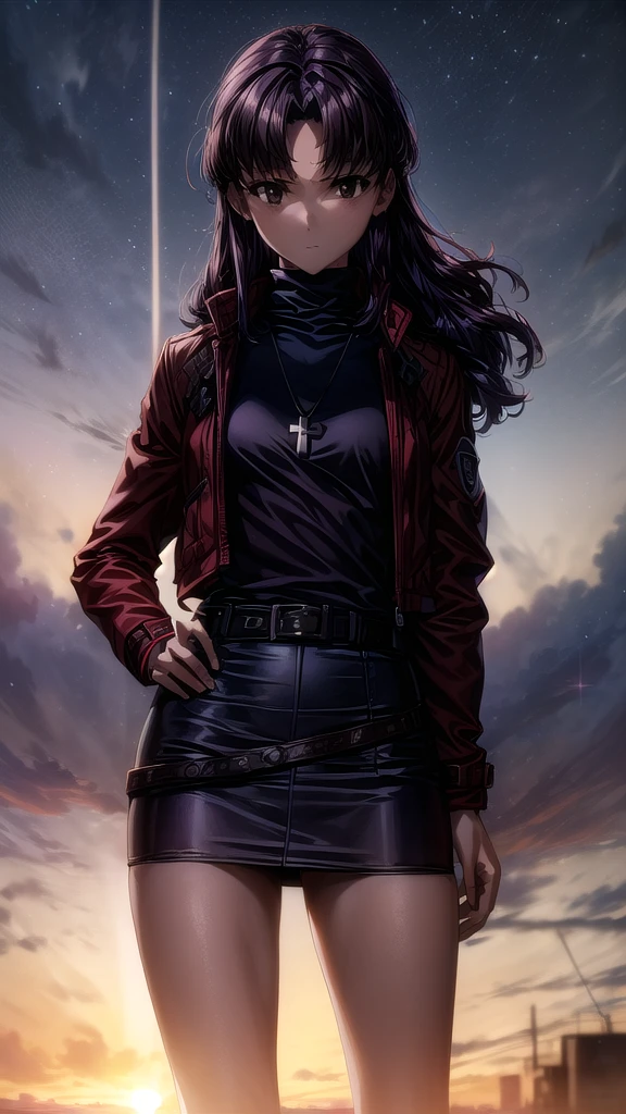 misatokatsuragi, misato katsuragi, Long Hair, (Brown eyes:1.5), (Purple Hair:1.2), (Parted bangs:1.5), break skirt, jewelry, Jacket, belt, necklace, uniform, cross, red Jacket, Pencil Skirt, cross necklace, Red Skirt, Black Shirt, turtleneck, cropped Jacket, break outdoors, city, null, cloud, sun, break looking at viewer, (Cowboy Shot:1.5), break (masterpiece:1.2), Highest quality, High resolution, unity 8k wallpaper, (figure:0.8), (Beautiful attention to detail:1.6), Highly detailed face, Perfect lighting, Highly detailed CG, (Perfect hands, Perfect Anatomy),masterpiece,best quality,ultra detailed,high-resolution,8k portrait,unity 8k wallpaper,extremely detailed CG unity 8k wallpaper