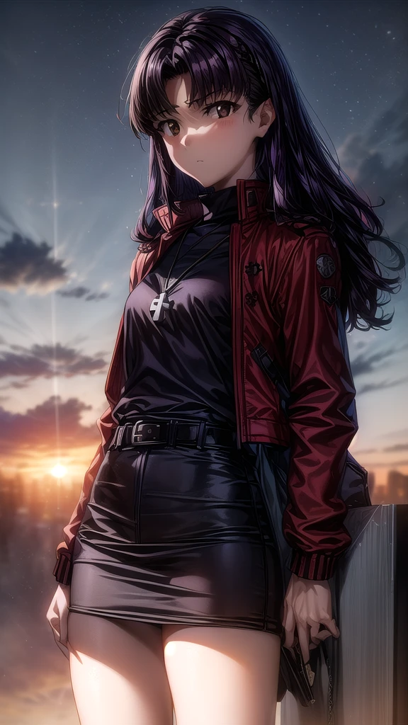 misatokatsuragi, misato katsuragi, Long Hair, (Brown eyes:1.5), (Purple Hair:1.2), (Parted bangs:1.5), break skirt, jewelry, Jacket, belt, necklace, uniform, cross, red Jacket, Pencil Skirt, cross necklace, Red Skirt, Black Shirt, turtleneck, cropped Jacket, break outdoors, city, null, cloud, sun, break looking at viewer, (Cowboy Shot:1.5), break (masterpiece:1.2), Highest quality, High resolution, unity 8k wallpaper, (figure:0.8), (Beautiful attention to detail:1.6), Highly detailed face, Perfect lighting, Highly detailed CG, (Perfect hands, Perfect Anatomy),masterpiece,best quality,ultra detailed,high-resolution,8k portrait,unity 8k wallpaper,extremely detailed CG unity 8k wallpaper