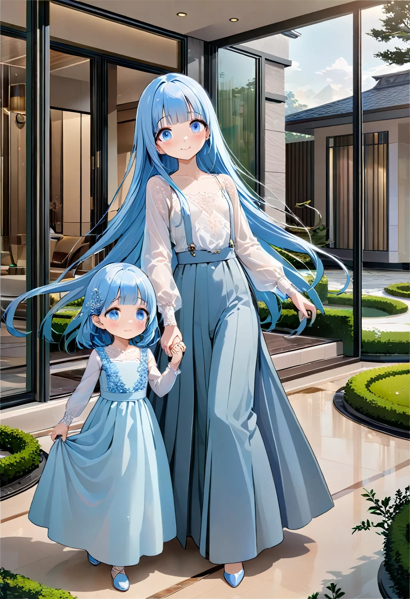  masterpiece, best quality, extremely detailed, (illustration, official art:1.1), 1 girl ,(((( light blue long hair)))), ,(((( light blue long hair)))),light blue hair, , long hair ((blush)) , cute face, big eyes, masterpiece, best quality,(((((a very delicate and beautiful girl))))),Amazing,beautiful detailed eyes,blunt bangs((((little delicate girl)))),(((tareme))),droopy eyes.(true beautiful:1.2), sense of depth,dynamic angle,,,, affectionate smile, (true beautiful:1.2),,(tiny 1girl model:1.2),)(flat chest),smile、(4 year old child２people)、Holding hands and taking a walk、, proudly showing her their luxurious, modern home. The home is elegant and sophisticated, seamlessly blending with the surrounding lush greenery. The scene exudes a warm, aesthetic vibe, with soft, inviting colors and gentle lines, capturing the love and pride in the young man's eyes as he presents their stunning residence to his mother. The house features sleek architecture, large windows, and stylish design elements, ensuring a contemporary and luxurious feel. The overall atmosphere is serene and enchanting, evoking a sense of beauty, tranquility, and modern opulence.a family of 3 posing in front of a house、full body、Long skirt