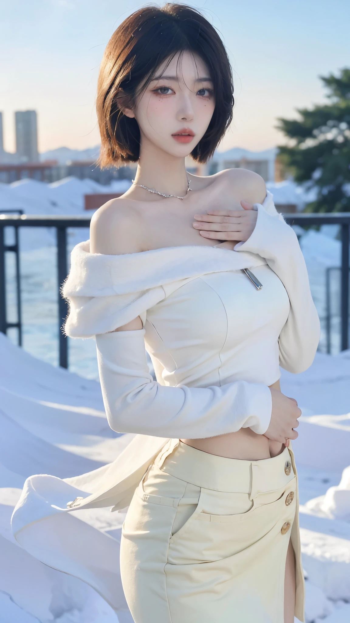 Beautiful woman with perfect figure:1.4，snow，Touching butt with both hands，snow背景，Layered Hairstyle，White skin，Prominent cleavage，Pleated Skirt，whole body，Very delicate face and skin texture，Double eyelids，Skin Whitening，Long white hair