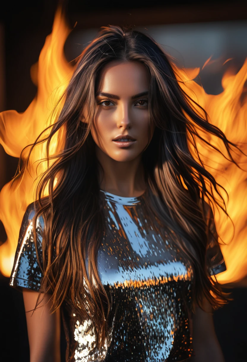 photorealistic single exposure of {award winning moment} (reflective metal texture)(sleek and polished)}{break},(blurred edges)(slow shutter speed motion photography)} shot on FujiFilm XT4 camera f/2. ISO 200, long hair, dramatic light, intricate detailed, a fire element transition movement of color background(face detailed:1.5)