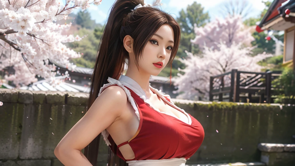 Mai Shiranui, Brown eyes, Japanese Beauty，微Ha haLong hair, Brown hair, (Red clothes:1.3)，super Huge breasts， sleeveless, Ponytail, Pelvic Curtain, Arm Guard, Gloves, or，full ， Expression, Sexy eyes, Huge breasts, 微Ha ha, charming, Viewer, Long hair, (Breast Focus:1.2), (Practical:1.2),, (realism), (masterpiece:1.2), (best quality), (Very detailed), (8K, 4K, complicated), (85 mm), Light particles, Light, (Very detailed:1.2), (Delicate face:1.2), Cherry blossoms(Exquisite eyes:1.2), (solid color background: 1.2),(Detailed background), (Dynamic Angle:1.2), (Dynamic poses:1.2), (Action route:1.2), Wide-angle lens, Huge breasts，Large Breasts，Huge breasts，幸福的Ha ha容，charming的，Ha ha，Cherry blossoms，Cherry blossoms单色背景， background，White background，Artistic Photo