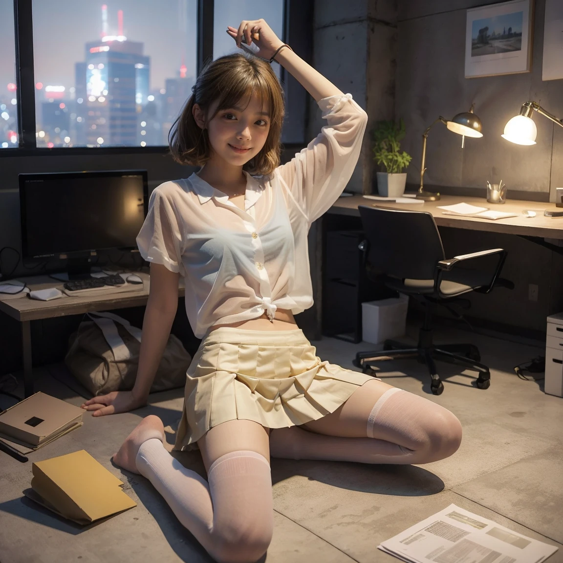 （anise、One Woman、10 years old、smile、Blonde、Thin glasses、Facing forward）、（White clothes、See-through shirt、Short pleated skirt in blue、Pink underwear、socks）、（Inside a skyscraper office at night）、（Sit with your legs apart）、（Hands tied and restrained）