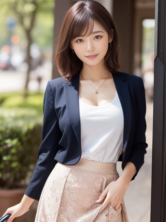 ((Highest quality, 8k, masterpiece :1.3)), (Realistic, Realistic:1.4),完璧な体型のBeautiful woman :1.4, ), beautiful, smile, (bright:1.4), Beautiful woman, (Highly detailed face:1.2), Lace clothes, (Buttonless Skinny Blazer), Cleavage, Hair fluttering, Surprisingly, Bob, Standing pose, (Transparent T-shirt), Tight waist, (Midi Skirt:1.4), beautiful目, double eyelid, 日本のbeautiful女性,(Browsing Caution:0.5),From the knee up,Upper Body,