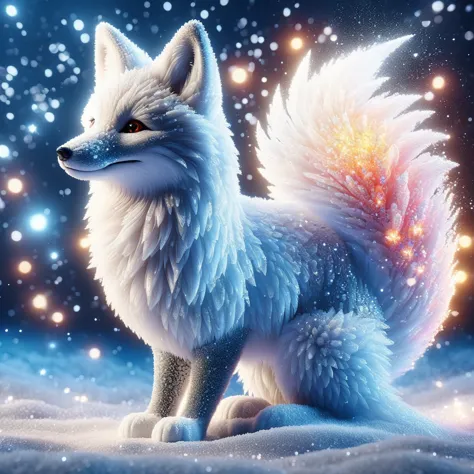 cute snow fox in cartoon style,realistic,christmas background,bokeh,luminous effect,particle effects,cinematic shots,very detail...