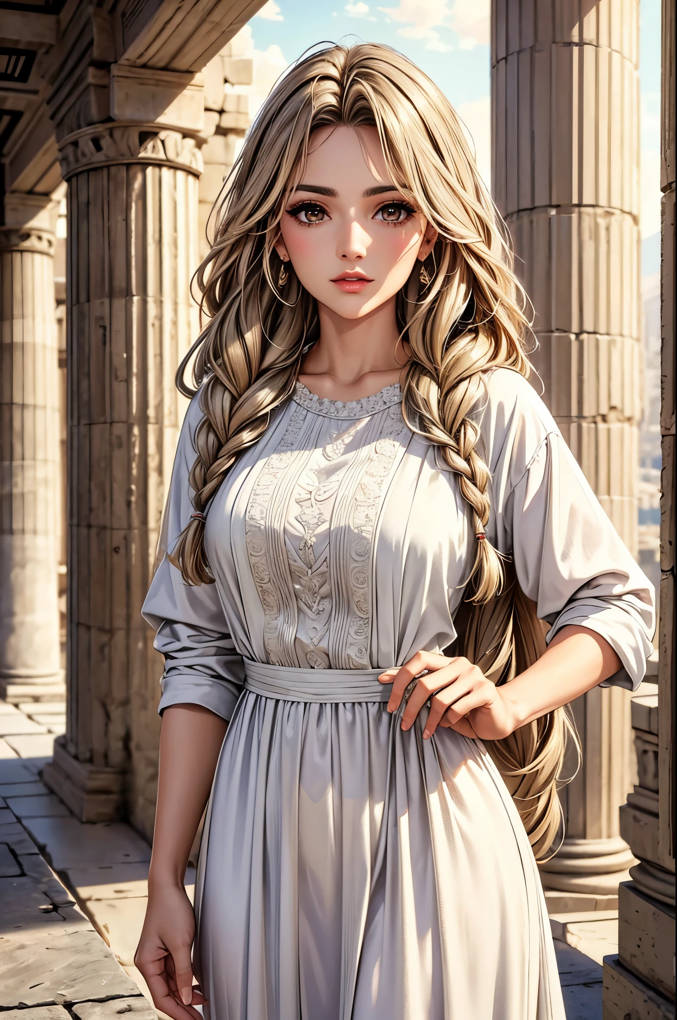 (best quality, 8K, masterpiece:1.3), pretty Woman, 1 girl, beautiful face, (Sexy), light brown gradient hair, blunt bangs wavy long hair side braids, long braid, white casual dress, Ultra-detailed face, Detailed lips, super detailed eyes, double eyelids, long upper eyelashes, Soft skin, HD skin, Mediterranean, Athens, Ancient miracles, Greek temple ruins, Giant pillars, 8k, Super detailed, best quality detail, retina, Ultra-high resolution, masterpiece, ccurate