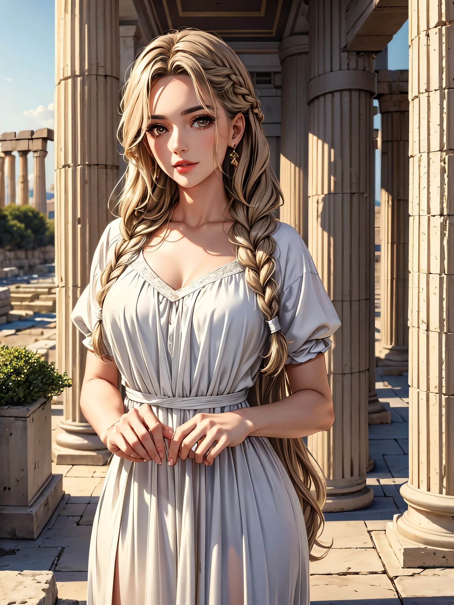 (best quality, 8K, masterpiece:1.3), pretty Woman, 1 girl, beautiful face, (Sexy), light brown gradient hair, blunt bangs wavy long hair side braids, long braid, white casual dress, Ultra-detailed face, Detailed lips, super detailed eyes, double eyelids, long upper eyelashes, Soft skin, HD skin, Mediterranean, Athens, Ancient miracles, Greek temple ruins, Giant pillars, 8k, Super detailed, best quality detail, retina, Ultra-high resolution, masterpiece, ccurate