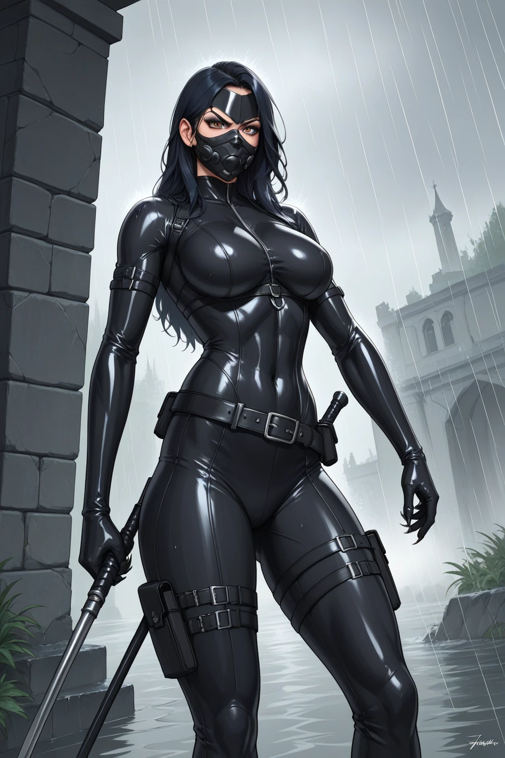 score_9, score_8_up, score_7_up, masterpiece, high quality, BREAK
LraKinyX, long hair, mask, bodysuit, gloves, belt, angry, rain, weapon, claws