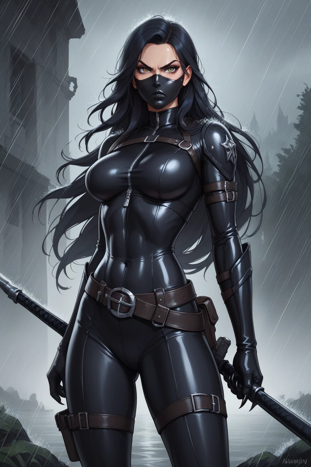 score_9, score_8_up, score_7_up, masterpiece, high quality, BREAK
LraKinyX, long hair, mask, bodysuit, gloves, belt, angry, rain, weapon, claws