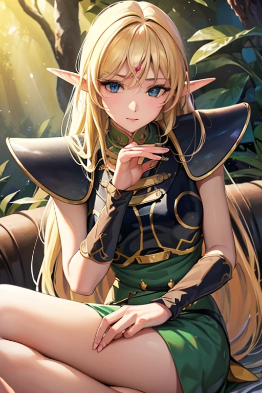 ((masterpiece、Highest quality、Super Fine、High resolution、Genuine、Sharp focus))、3/5 shots、Face Light、((andても繊細で美しい))、Female Elf、Deedlit、Long blonde hair、Round face、Slim figure、Leather Handbags、in the forest、With a thin sword、Fantasy Characters、Audience seats、Detailed hand drawing、Deedlit、Year_Classic_Deedlit_myself、www.myself.and