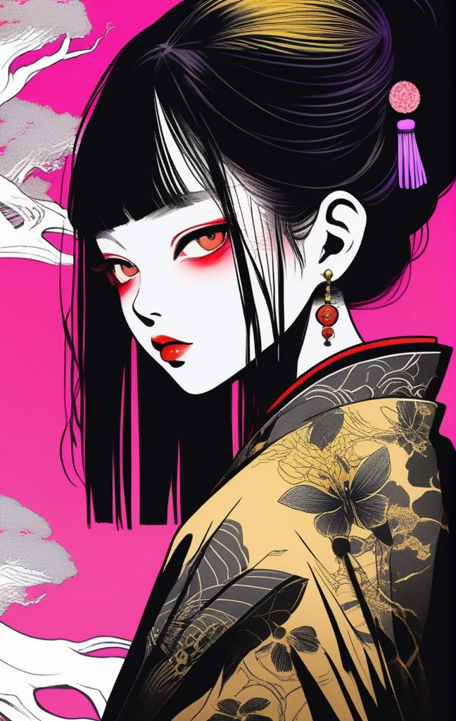 (best quality, sketch:1.2),realistic,illustrator,anime,1 girl, detailed lips, kimono,custom, black and gold gradient background,neon hair,textured cropping, masterpiece, style retro classic, noir style 、An illustration、art、70s horror movie posters, Supervised by Junji Ito、High detail, Realistic Shadows、Analog Style, chromatic aberration, Surrealism、Complementary Gradient