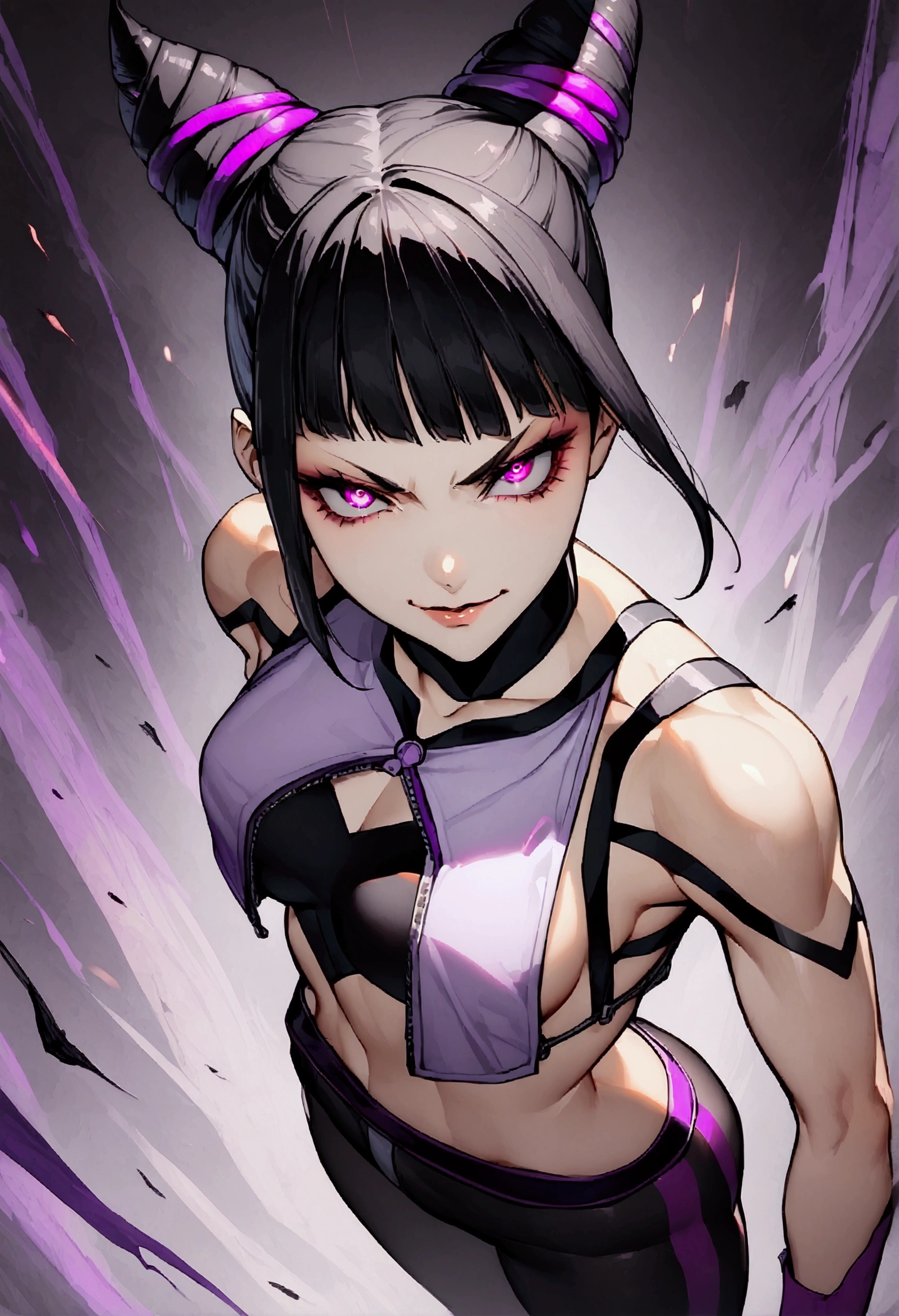 juri han,dark eye shadow,shining eyes,beautiful young fitness woman with , in a gym wearing May with black pantyhose, tight white and purple gym jacket. standing alone,hair horns,glowing purple eyes,Evil smile,legging preto ,labiaa,dark eye shadow,shining eyes,close up
