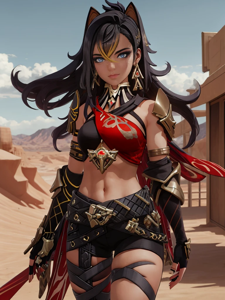 4k,(((1girl))),A sexy&cool female in the desert,walking,Dehya,dehya \(genshin impact\),asymmetrical clothes,detail,long hair,huge filesize,artbook,solo,Cinematic Lighting,small_breastasterpiece, high resolution, best quality:1.4, breathtaking, ultra detailed)