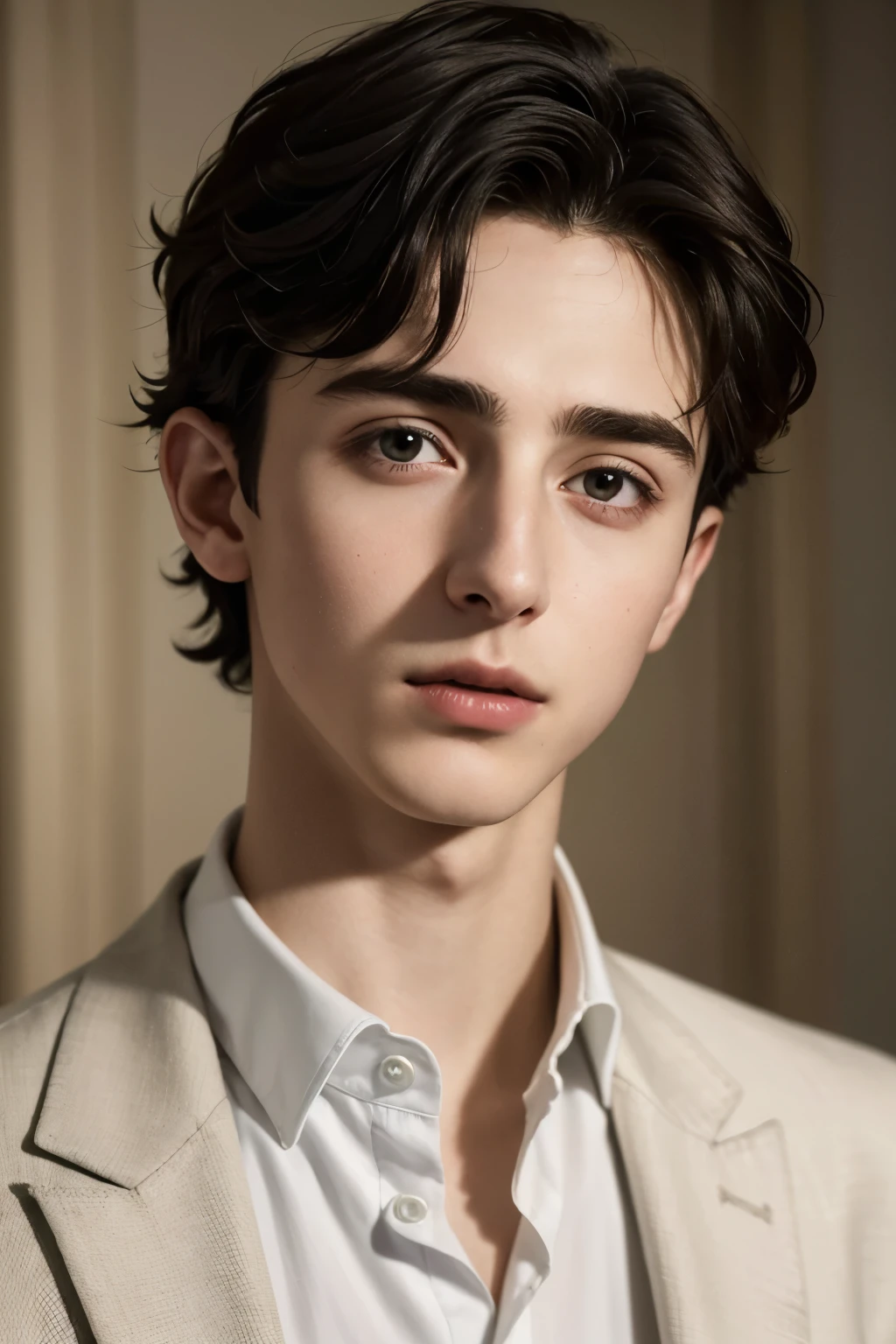 un primer plano de una persona vestida con un traje, Timothée Chalamet, retrato de Timothée Chalamet, él tiene el pelo blanco corto y rizado, Corte de pelo rizado en la parte media., hermoso príncipe andrógino, inspirado en draco malfoy, Chico guapo, delicado príncipe andrógino