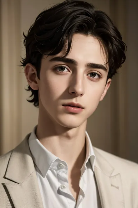 a closeup of a person dressed in a suit, Timothée Chalamet, portrait of Timothée Chalamet, he has short curly white hair, Curly haircut in the middle part, beautiful androgynous prince, inspired by draco malfoy, Handsome boy, delicate androgynous prince
