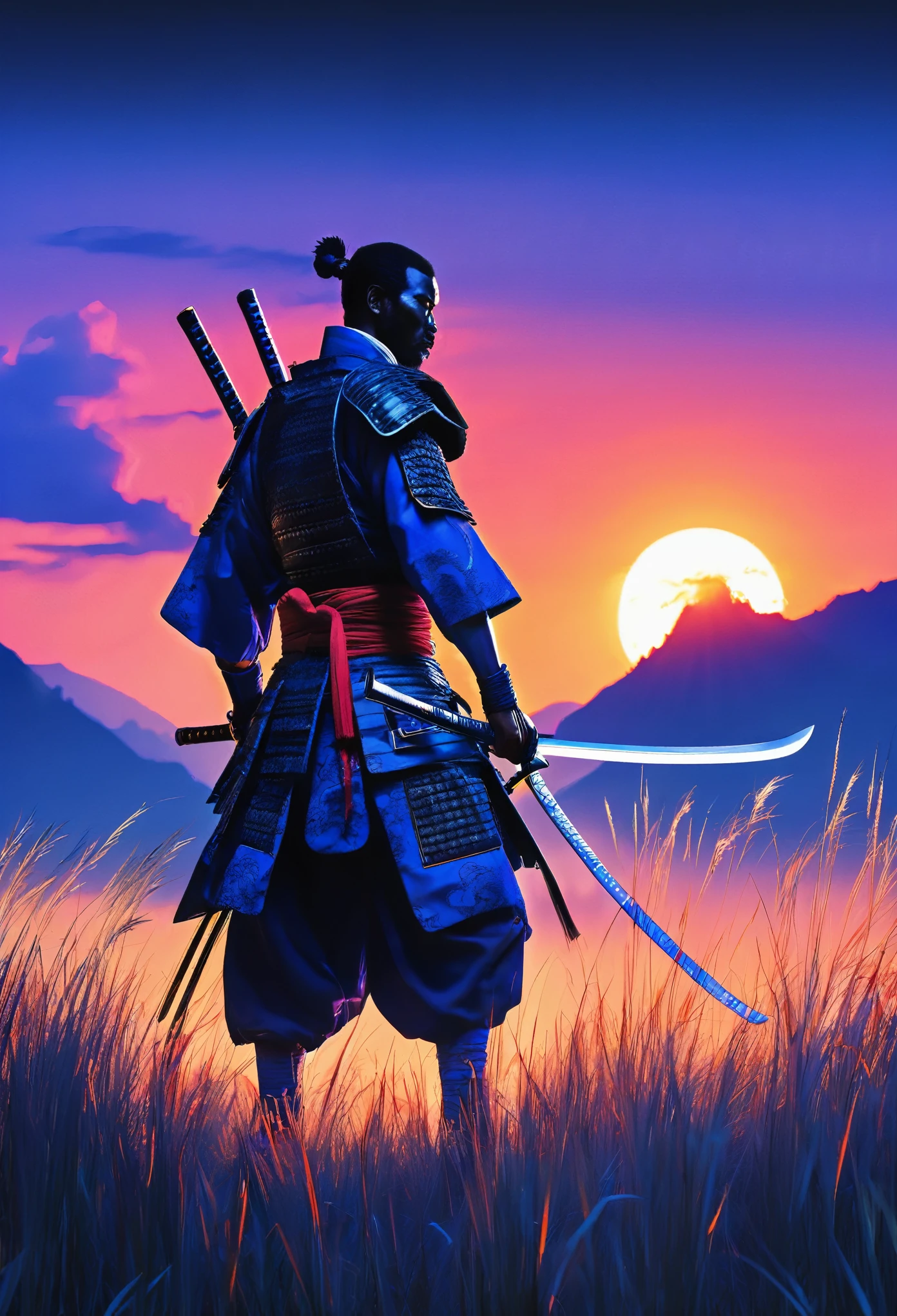 Dramatisches Silhouettenbild mit einem einsamen schwarzen Mann, der als Samurai vor einem großen steht, leuchtender Sonnenuntergang. Der Samurai trägt traditionelle afrikanische Kleidung und hält eine Katana, mit der Klinge auf seiner Schulter. Der Hintergrund wird von den intensiven blauen und weißen Farbtönen der untergehenden Sonne dominiert, was einen starken Kontrast zu der dunklen Gestalt des Samurai bildet. Der Vordergrund zeigt blaues Neonlicht, das hohes Gras im Schatten beleuchtet, der Szene Tiefe verleihen. Die Gesamtkomposition betont die einsame und stoische Natur des Samurai, Vor einem lebendigen und weiten Himmel.