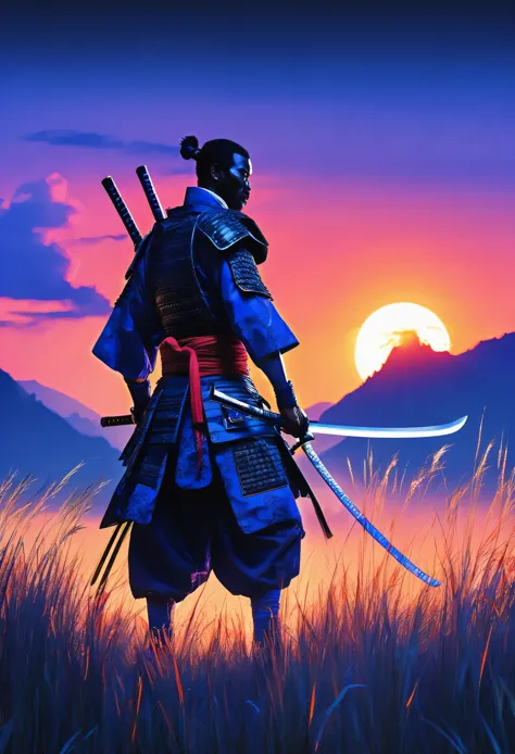 Dramatic silhouette image featuring a lone black man samurai standing against a large, glowing sunset. The samurai is wearing a ...