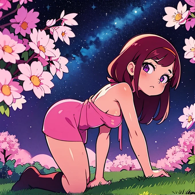 beste Qualität, detaillierte Anime-Illustration, draußen, sternenklarer Himmel, Nachtzeit, Schultern freigelegt, 1 junges Mädchen, Brüste freigelegt, mit violetten Augen und dunkelroten Haaren, pinke Blumen, Aufenthalt im Garten, Ein Mädchen, Foto von hinten, über die Schulter schauen, vorbeugen, black G-Saite, G-Saite