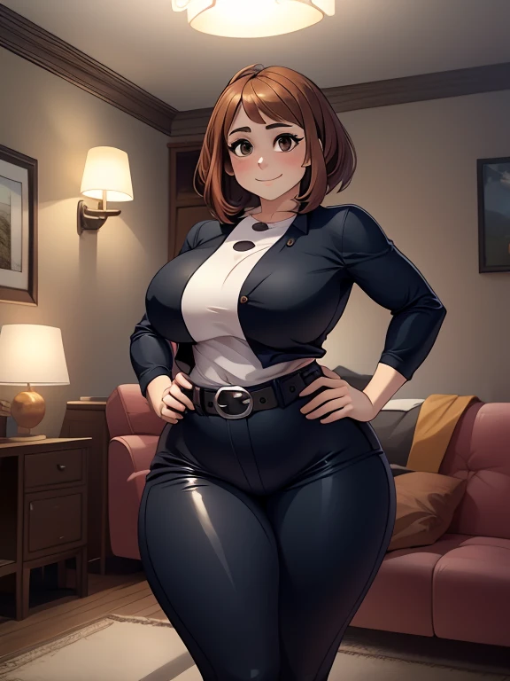 alta qualidade, melhor qualidade, lindo, iluminação perfeita, rosto detalhado, rosto maduro, ((1 garota)), ((Sozinho)), Imagine Ochaco Uraraka adulto, 4, milf, mais tamanho milf, Cabelo castanho curto, Olhos castanhos, ((corar)), sorriso, Olhando para o visualizador, calça de couro preta, camisa azul escura, cinto branco, Saltos brancos, ((seios médios)), quadris largos, coxas grossas, gordinho, alças de amor, topo de muffin, barriga redonda, intestino saliente, sala de estar, mãos nos quadris,
