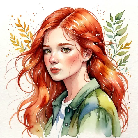 a watercolor illustration, a red-haired woman with hair blowing in the wind, a woman. she is thoughtful.by kathrin honesta