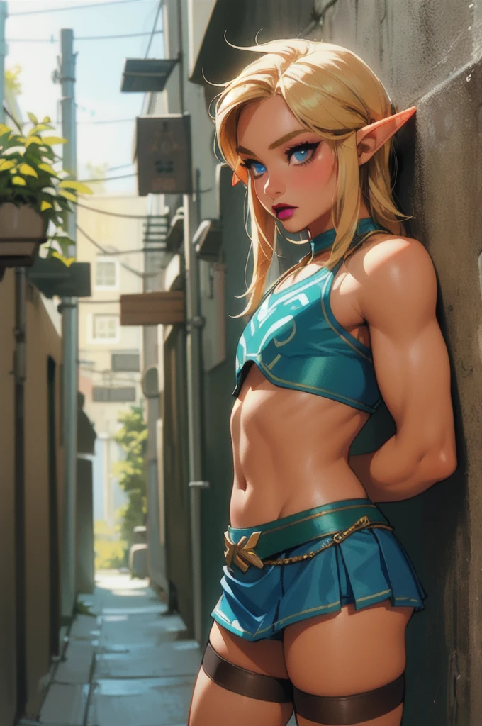 1 boy, solo, 1 boy, solo, solo, masterpiece, best quality, 18 years old, link, elf, tan skin, long blonde hair, blue eyes, eye shadow, lipstick, alley way, crop top, mini skirt, thigh highs, 