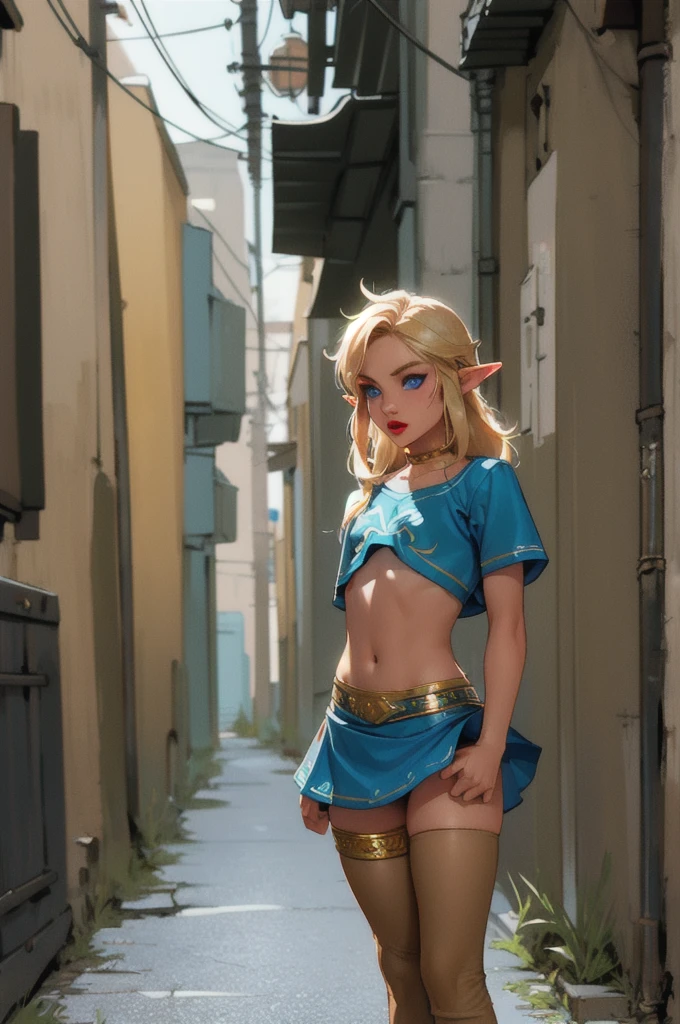 1 boy, solo, 1 boy, solo, solo, masterpiece, best quality, 18 years old, link, elf, tan skin, long blonde hair, blue eyes, eye shadow, lipstick, alley way, crop top, mini skirt, thigh highs, 